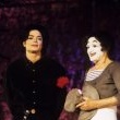 Michael appears onstage with mime, Marcel Marceau at the Beacon Theatre in New York.